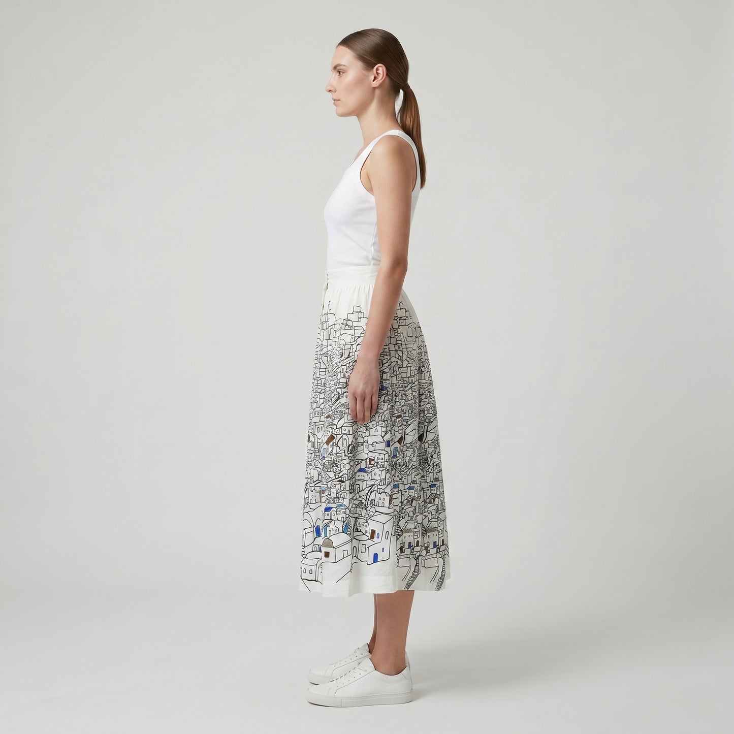 Mediterranean Village Print Midi Skirt