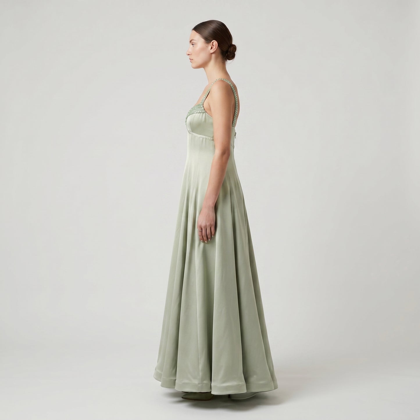 Embellished Sage Satin Midi Dress