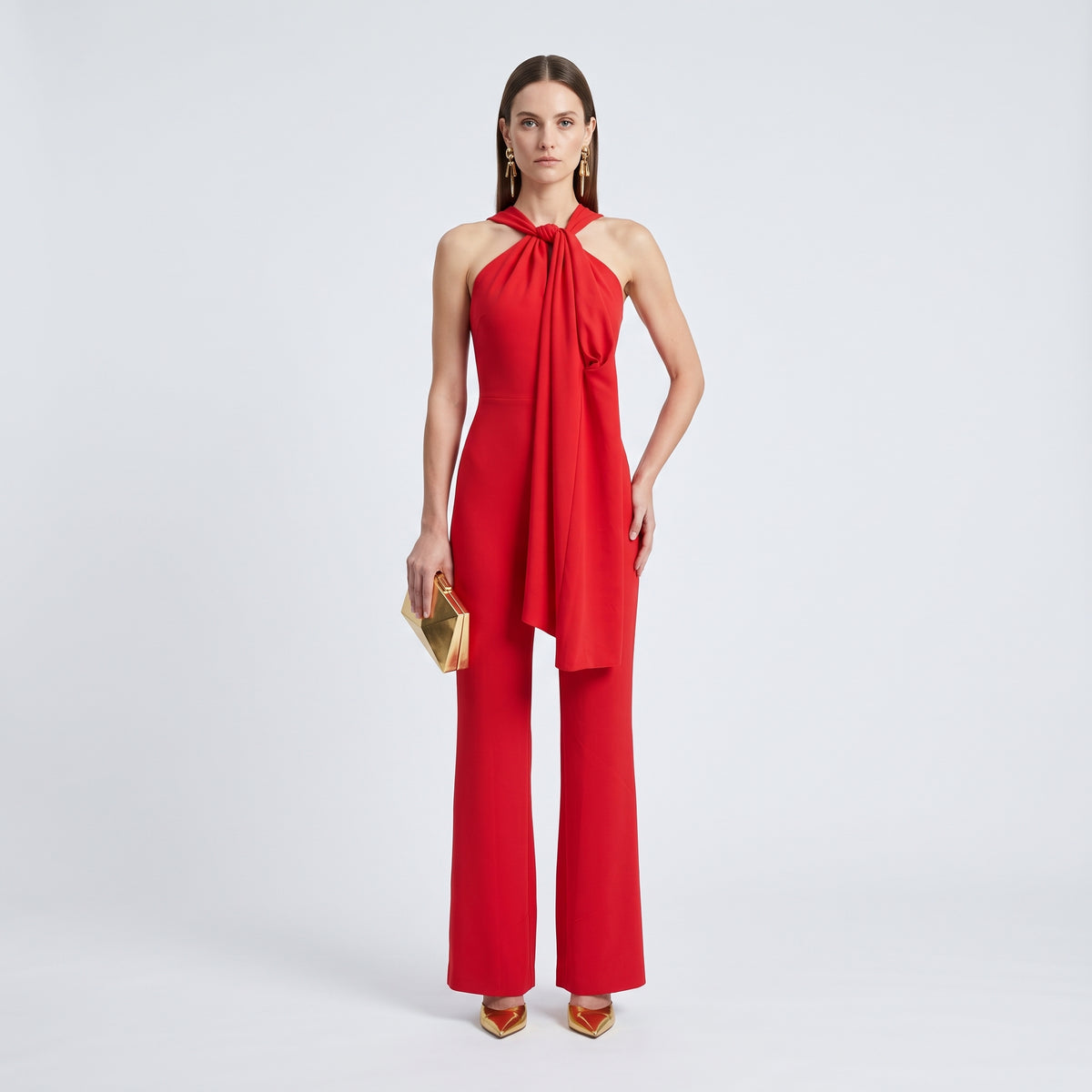 Red Halter Neck Draped Jumpsuit