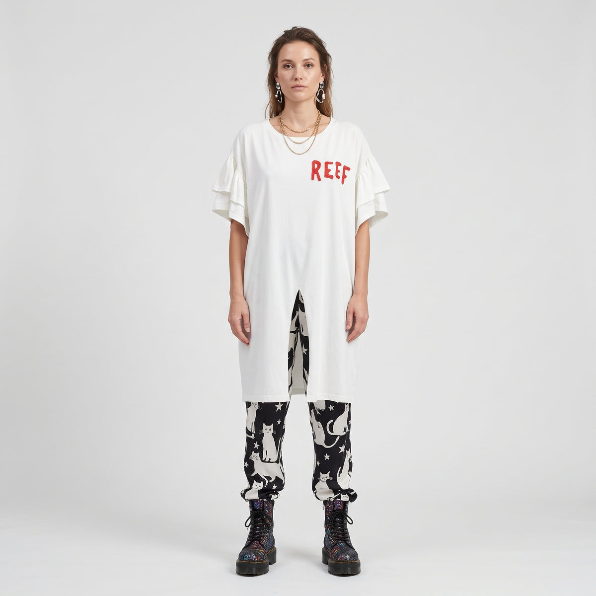 Graphic Print Ruffle Sleeve Tee