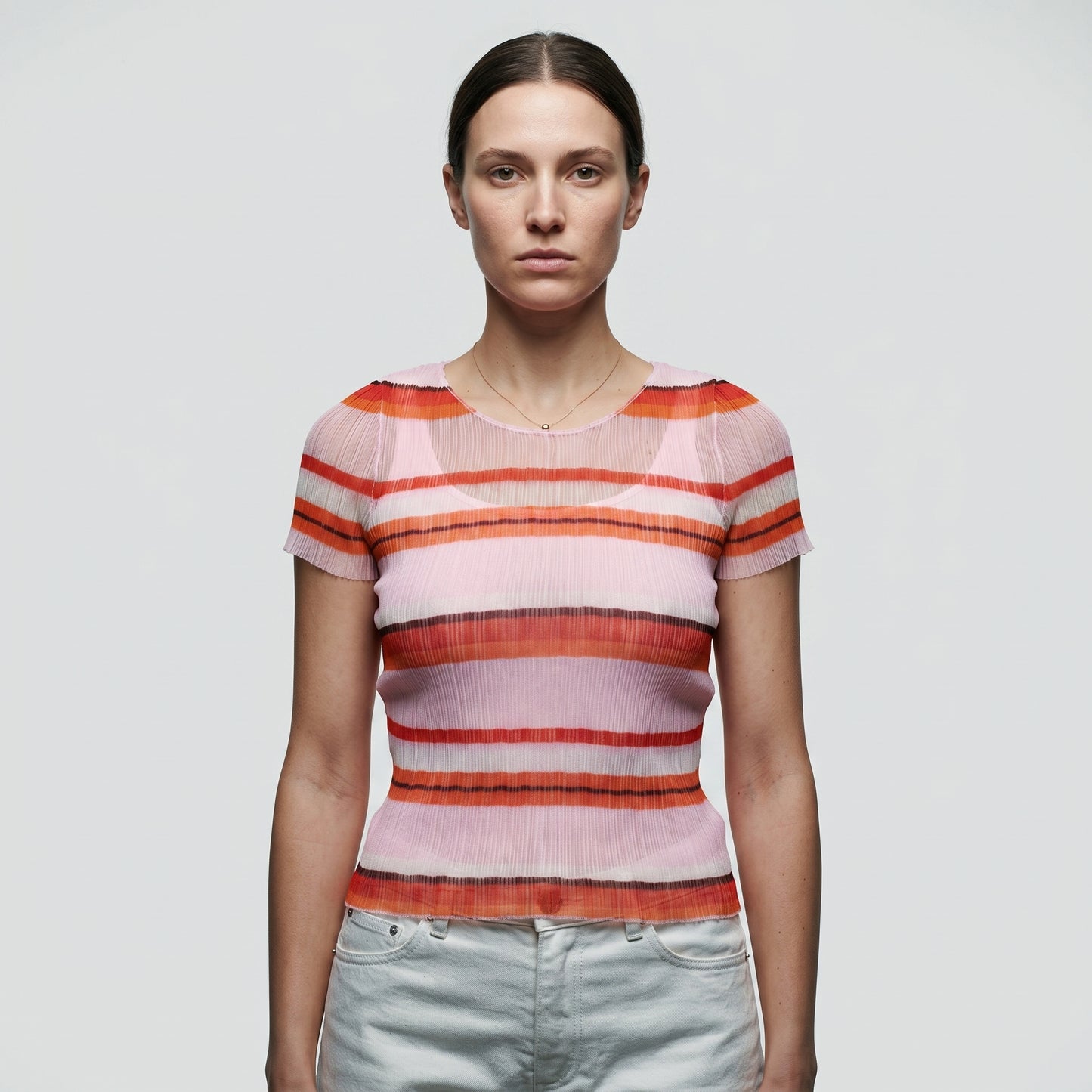 Striped Pleated Short-Sleeve Top