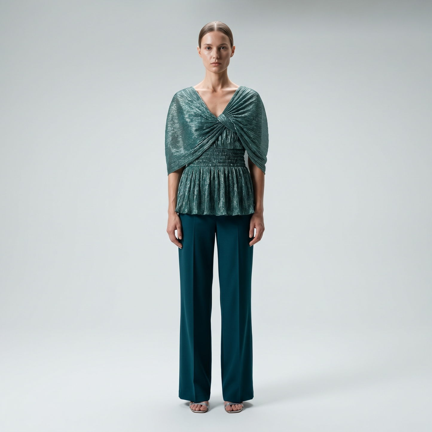 Metallic Pleated Flutter Sleeve Top