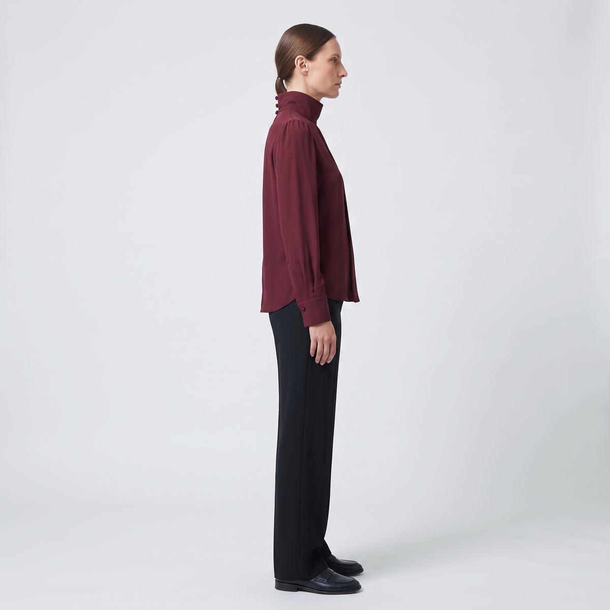 Burgundy High-Neck Pleated Blouse