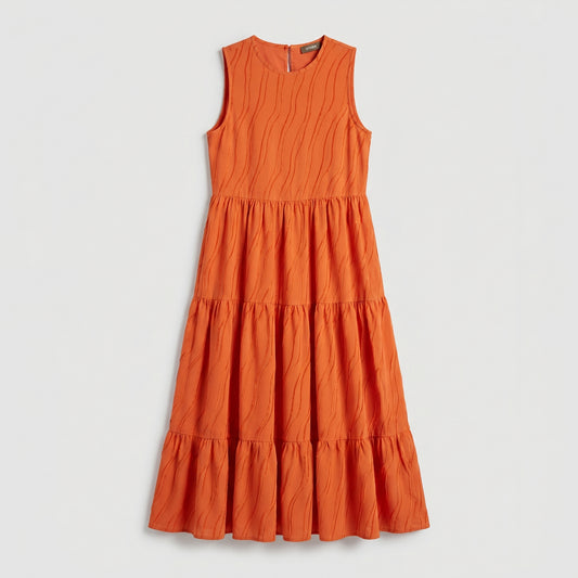 Tiered Orange Sleeveless long Dress
