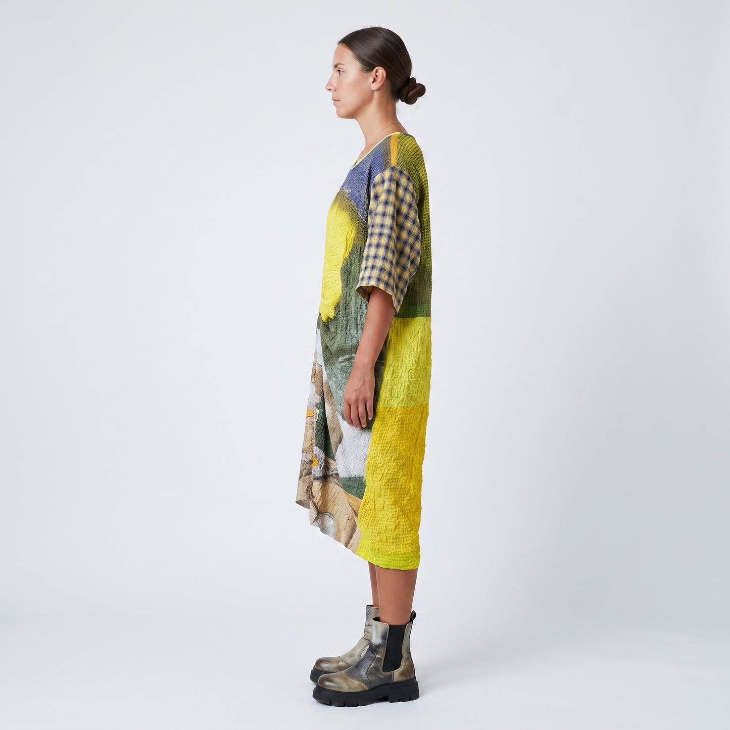 Abstract Print Textured Shift Dress
