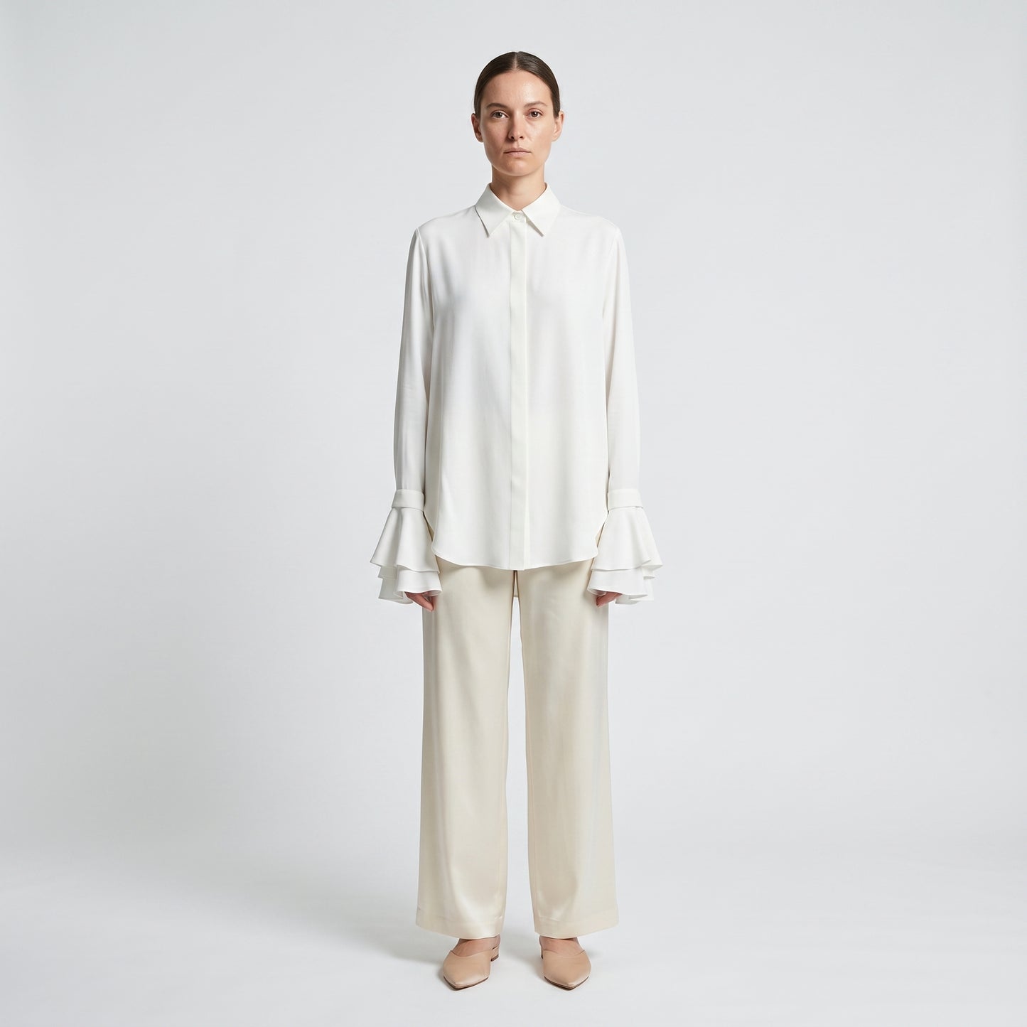 Elegant Ruffled Cuff Silk Blouse