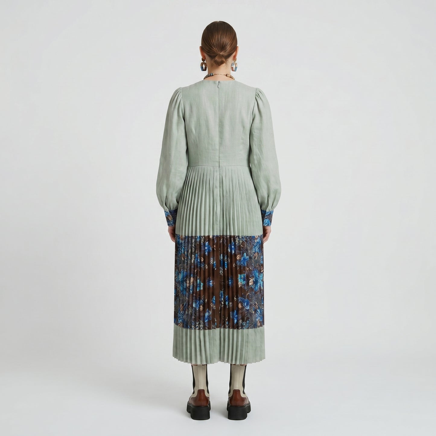 Pleated Linen Floral Midi Dress