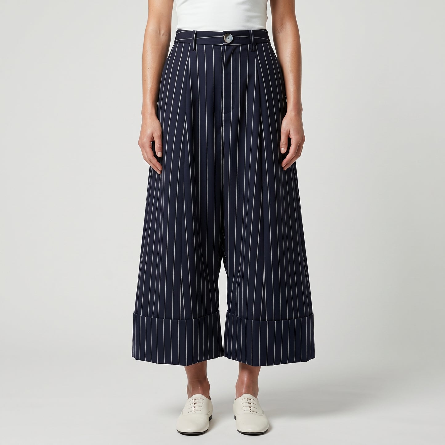 Pinstripe Pleated Wide Leg Trousers
