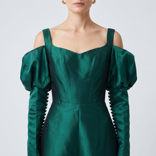 Emerald Cold Shoulder Satin Gown