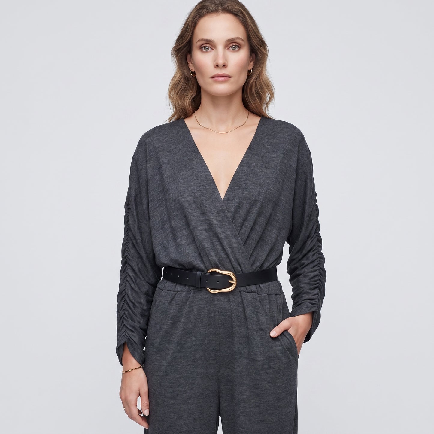 Charcoal V-Neck Ruched Jumpsuit