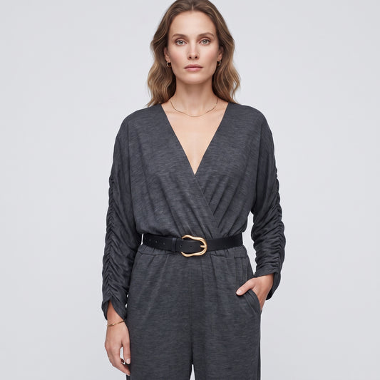Charcoal V-Neck Ruched Jumpsuit