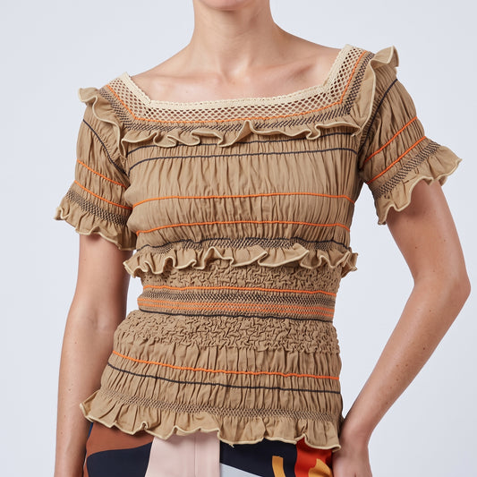 Smocked Ruffle Trim Square-Neck Top