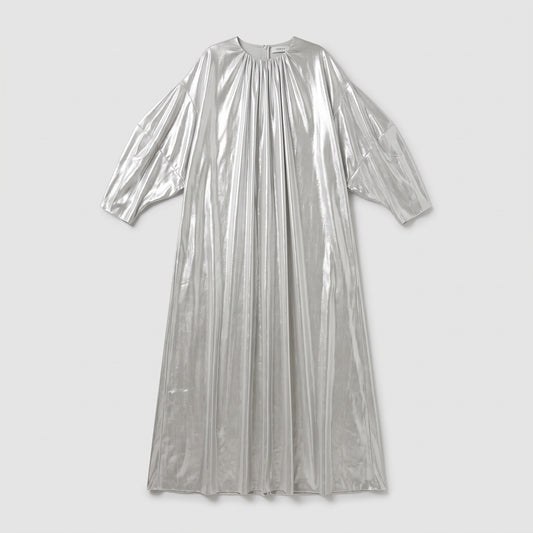 Metallic Silver Pleated Midi Dress