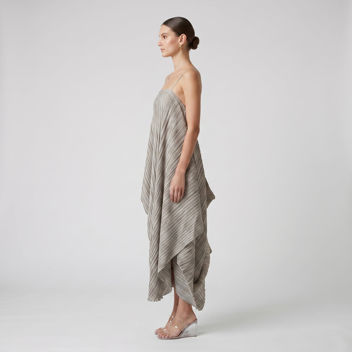 Pleated Asymmetric Drape Midi Dress