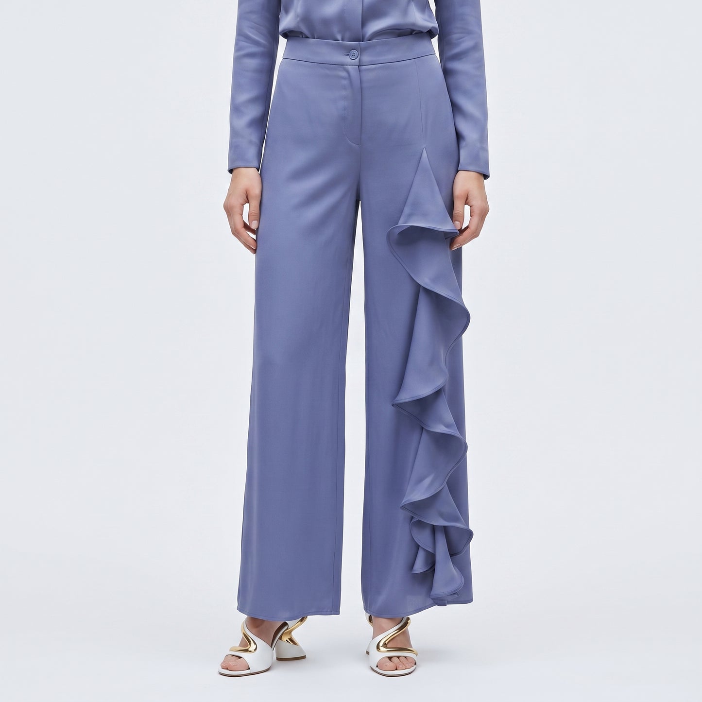 Blue Ruffle Detail Wide Trousers