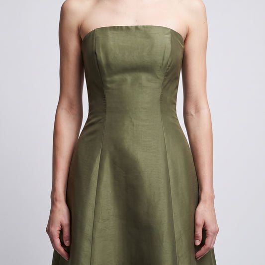 Structured Strapless Olive Midi Dress