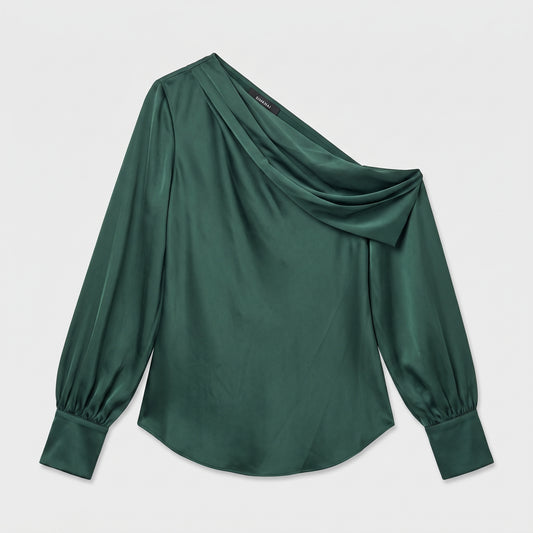 Draped One-Shoulder Satin Blouse