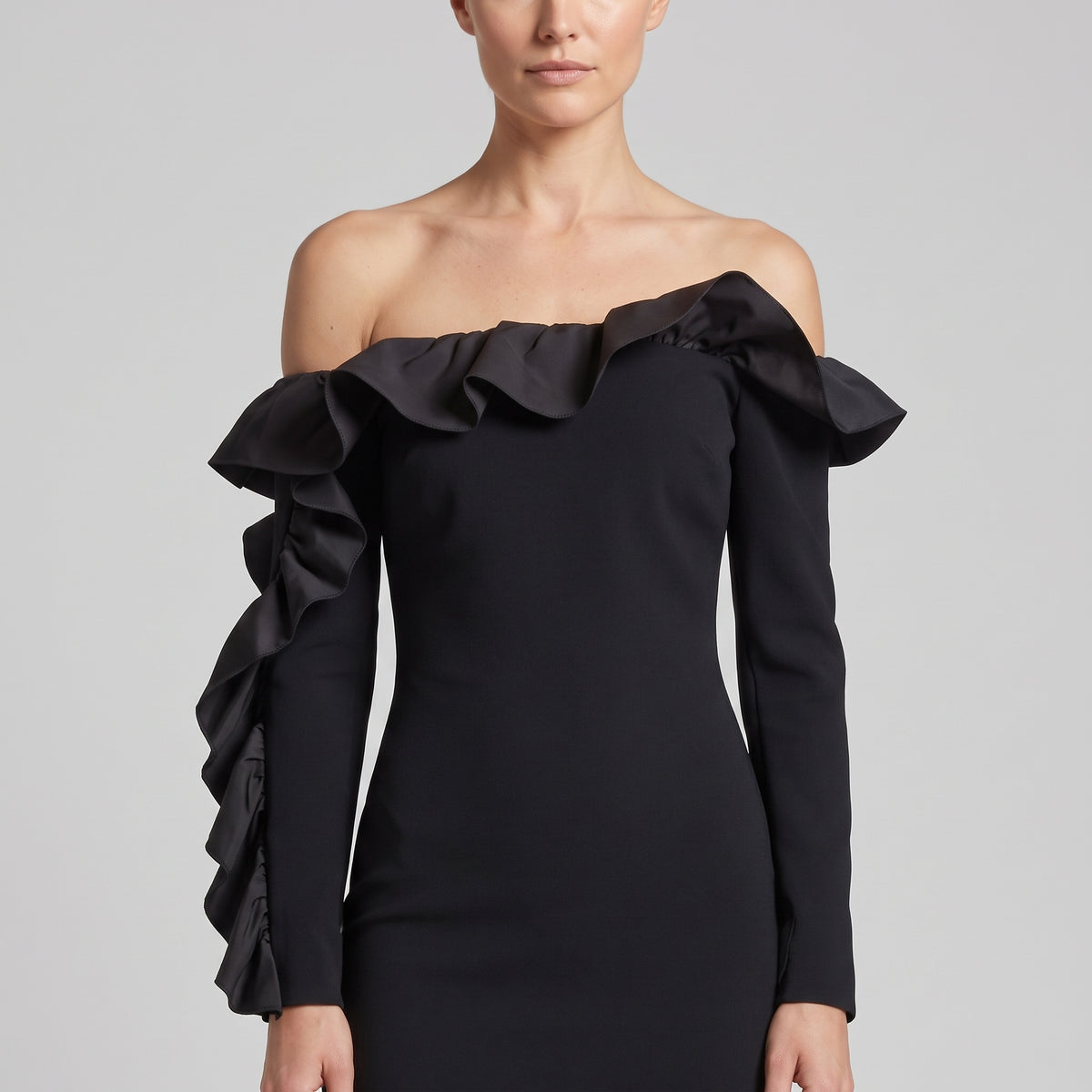 Black Ruffled One-Shoulder Dress