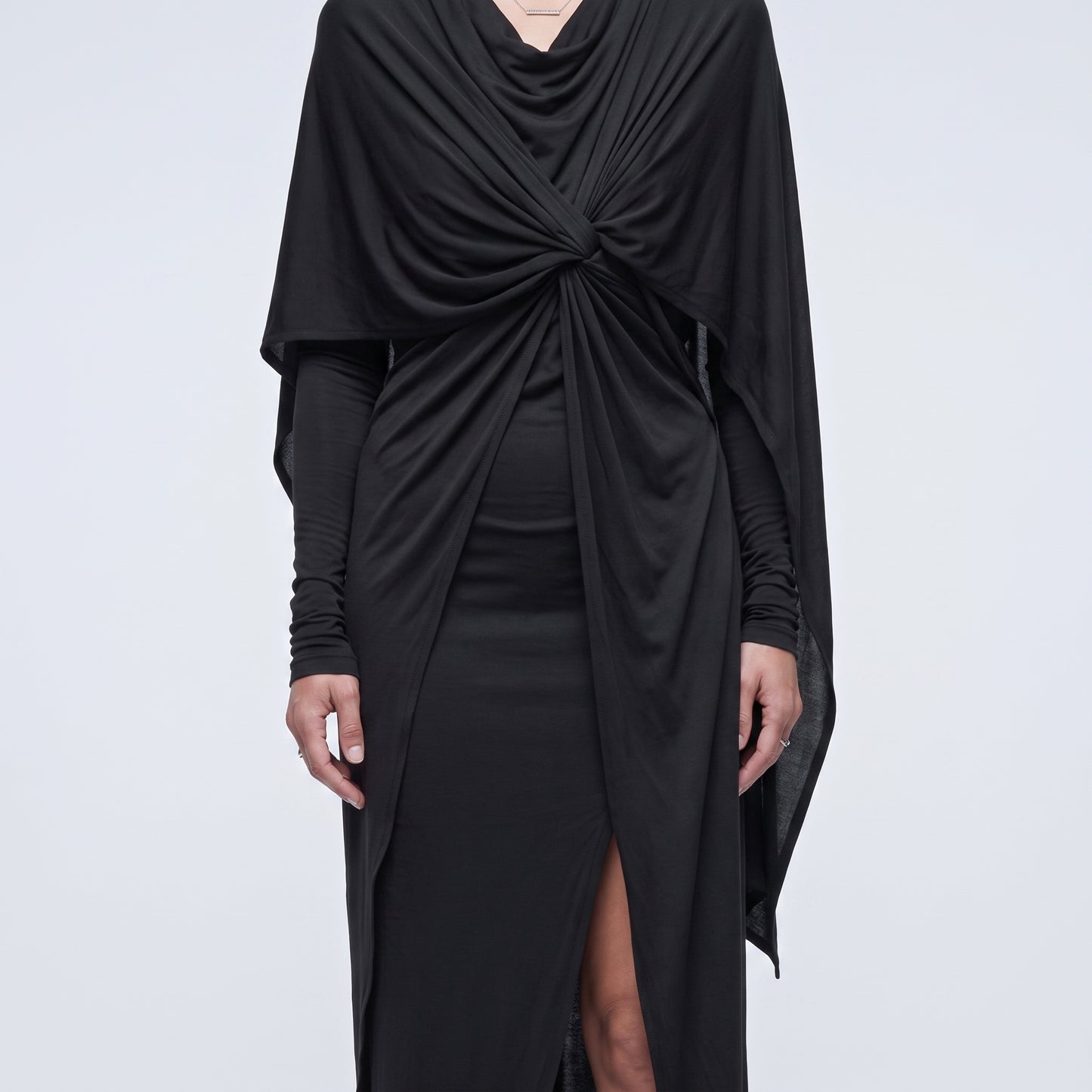 Draped Black Asymmetric Midi Dress
