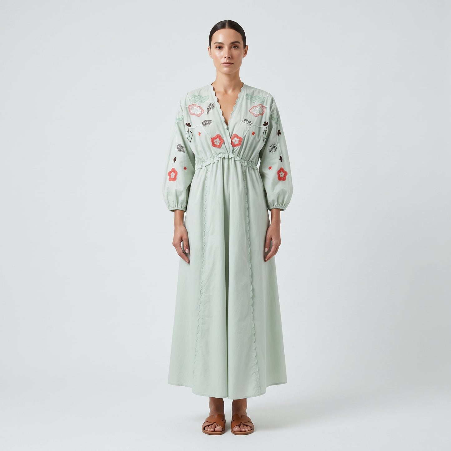 Embroidered Scalloped Midi Dress