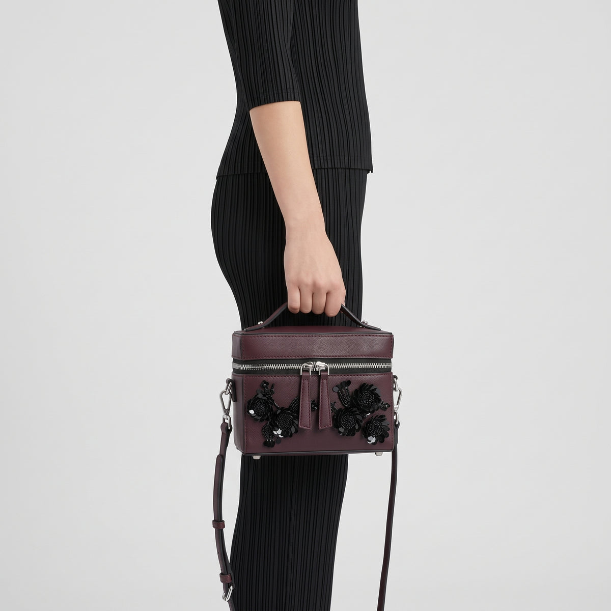 Embellished Burgundy Leather Vanity Bag