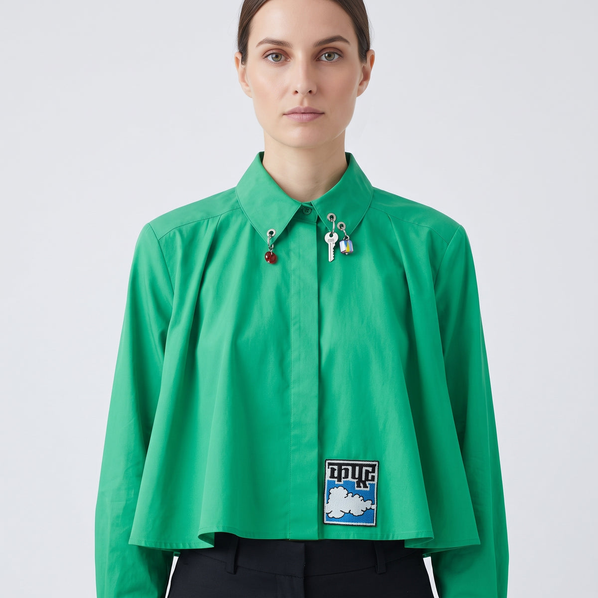 Embellished Cropped Green Shirt