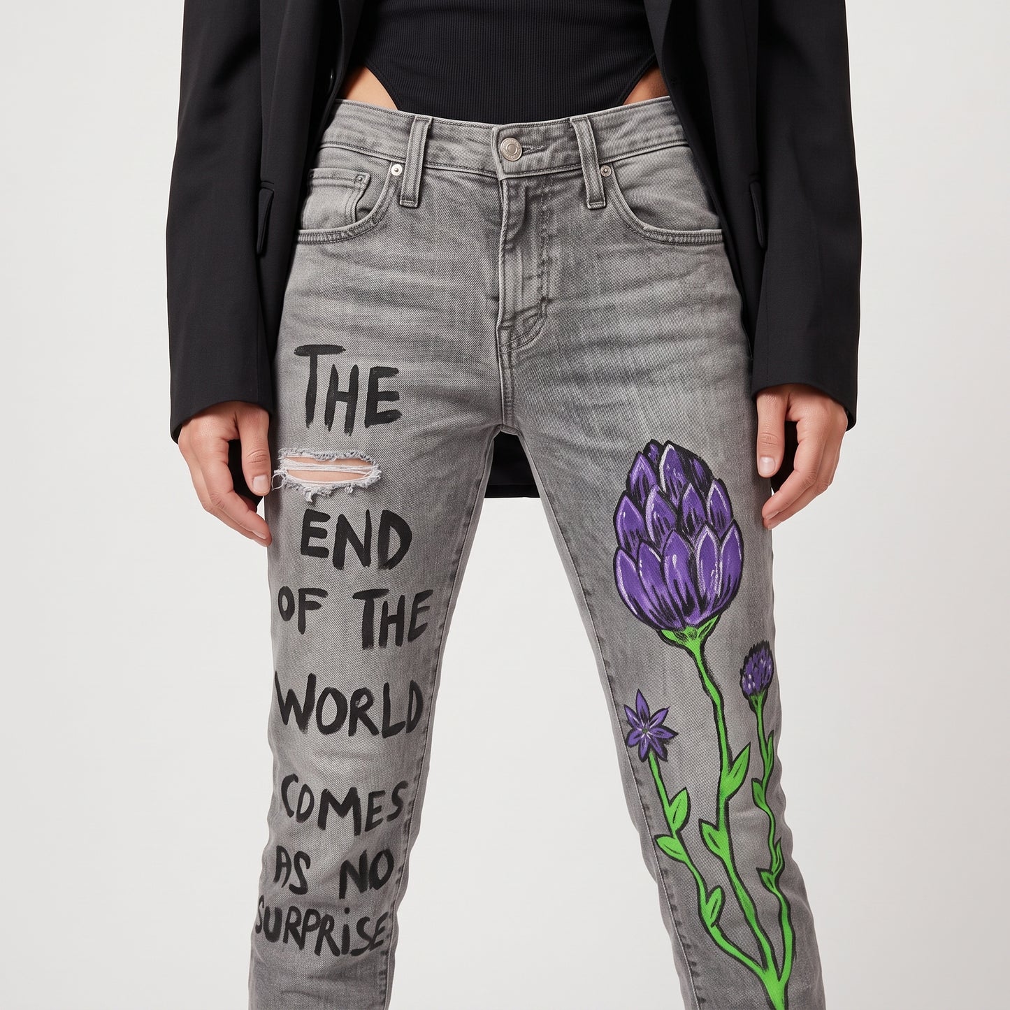 Graphic Printed Grey Denim Jeans