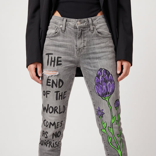 Graphic Printed Grey Denim Jeans