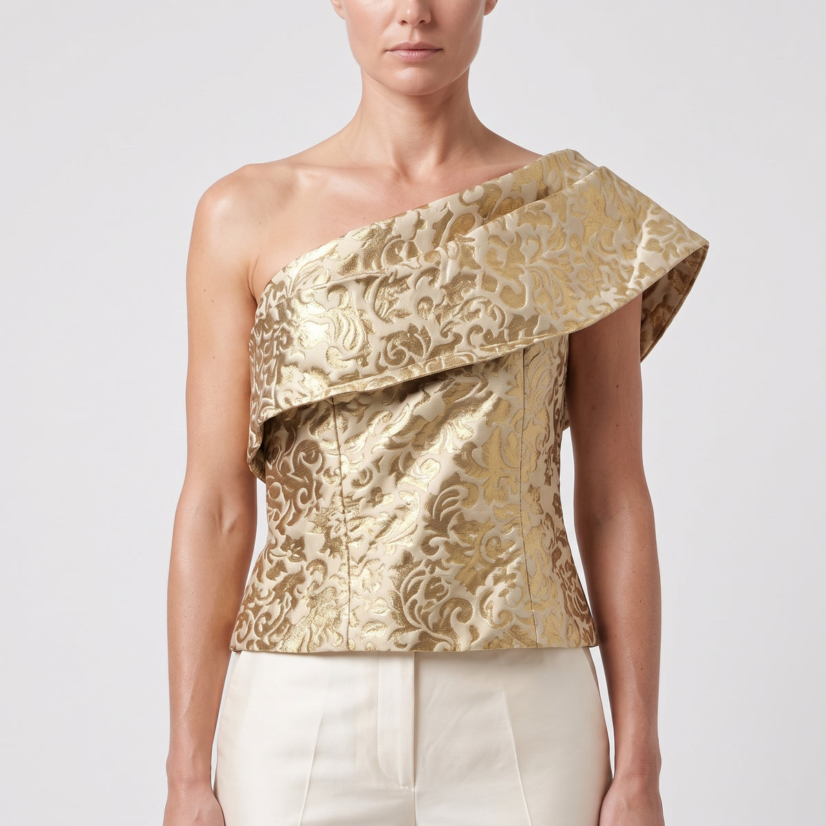 Metallic Gold Brocade One-Shoulder Top