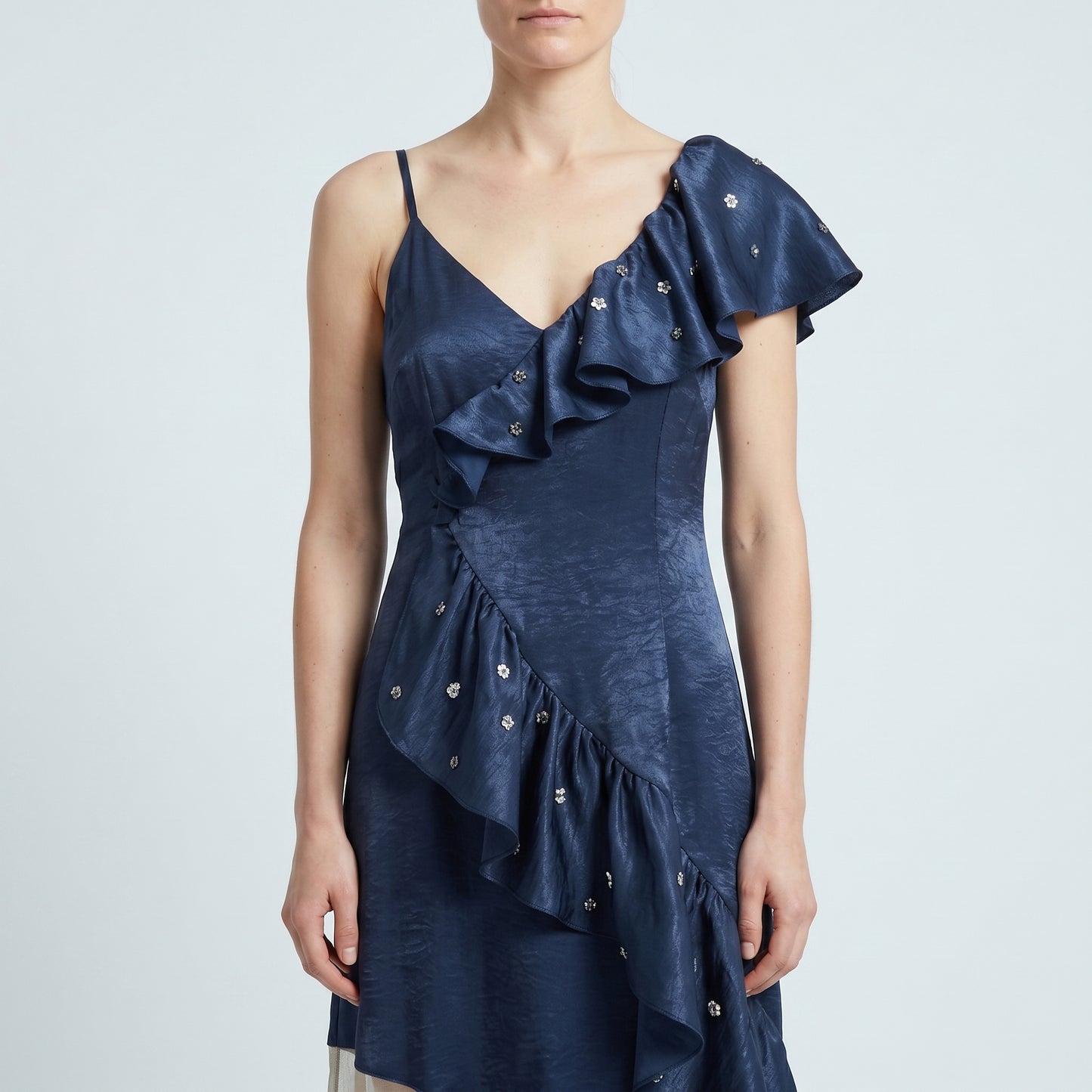 Asymmetric Ruffled Navy Cocktail Dress