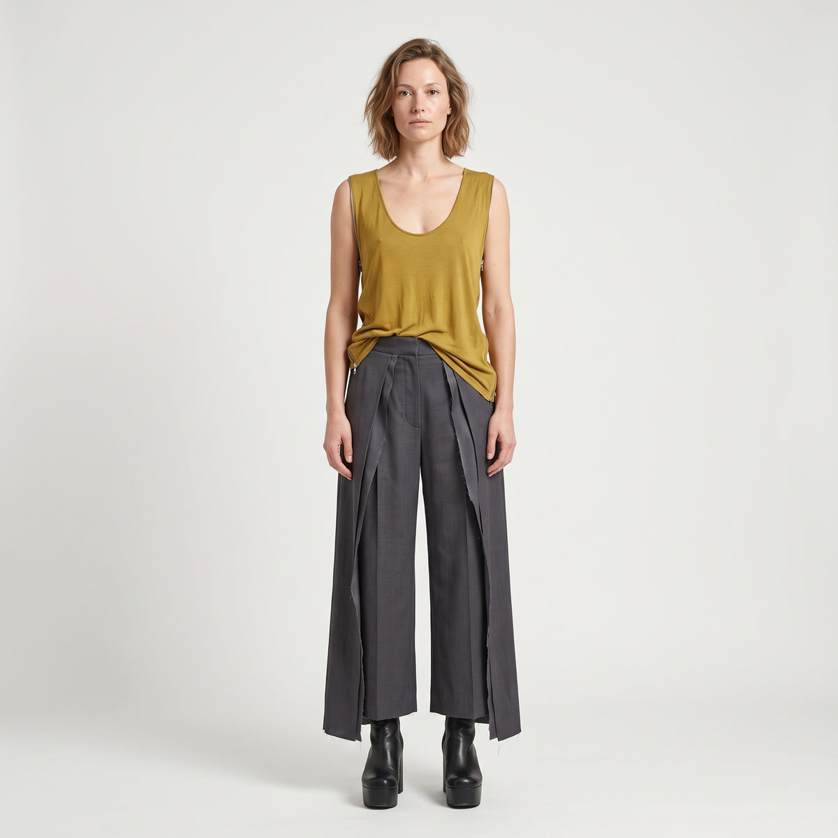 Zip-Detail Mustard Sleeveless Top