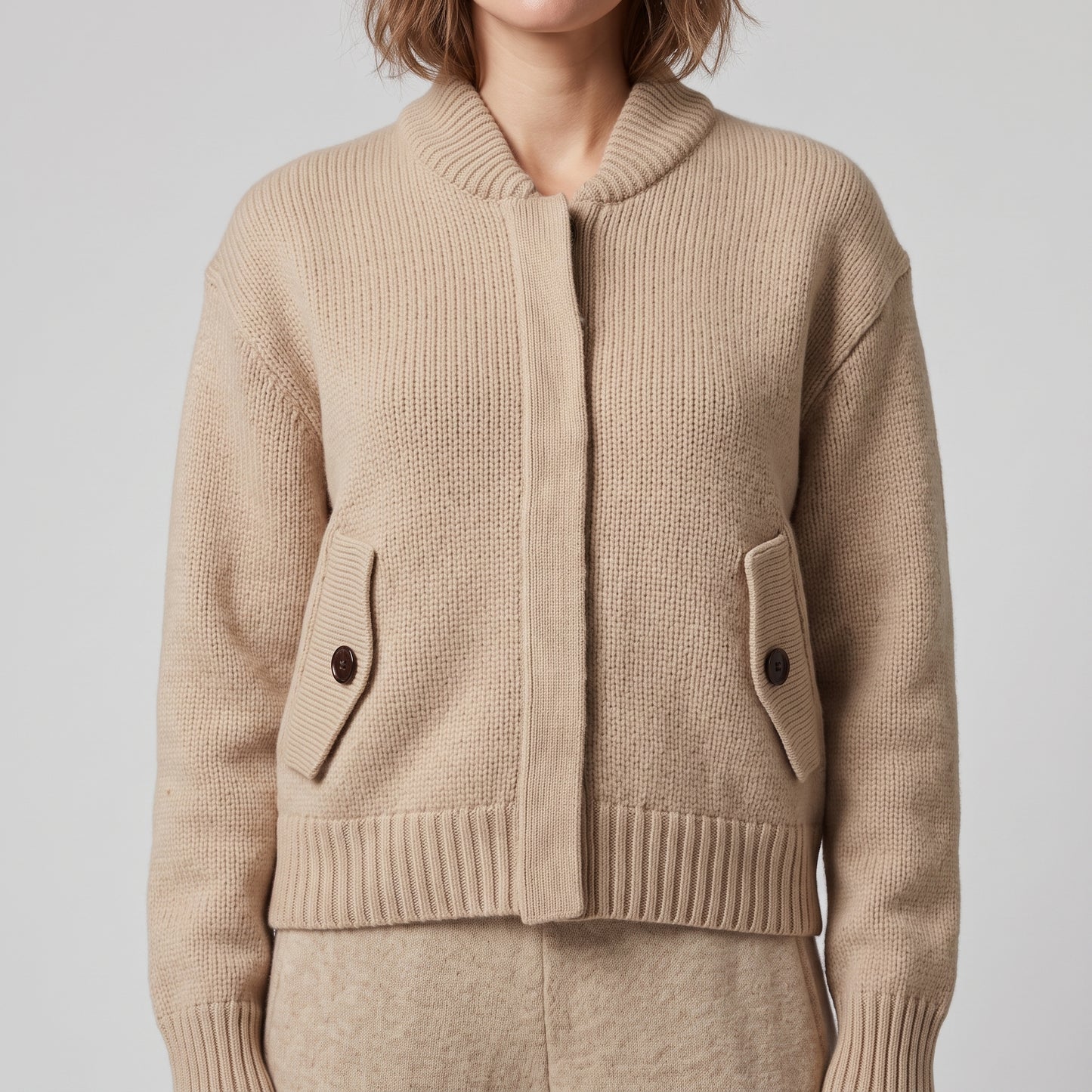 Beige Ribbed Knit Bomber Jacket
