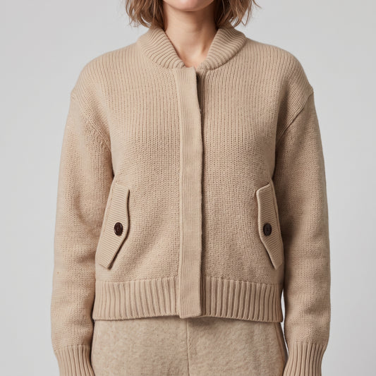 Beige Ribbed Knit Bomber Jacket