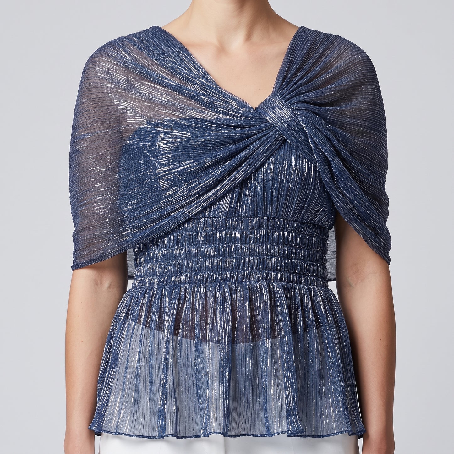 Metallic Ruched Peplum Evening Top