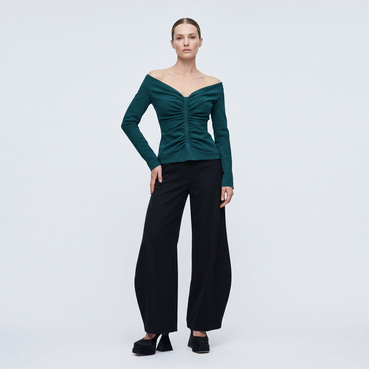 Ruched Off-Shoulder Emerald Top