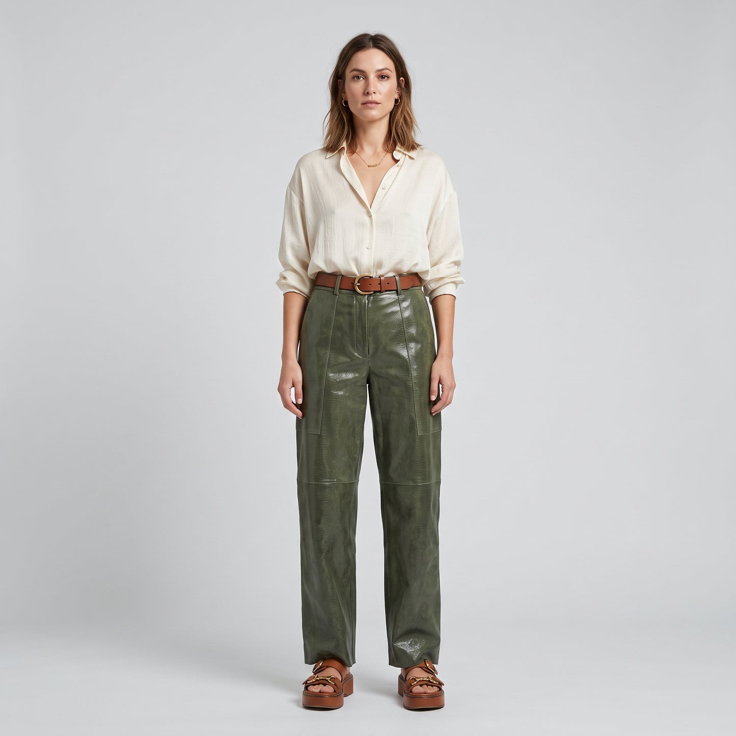 High-Waisted Olive Patent Trousers