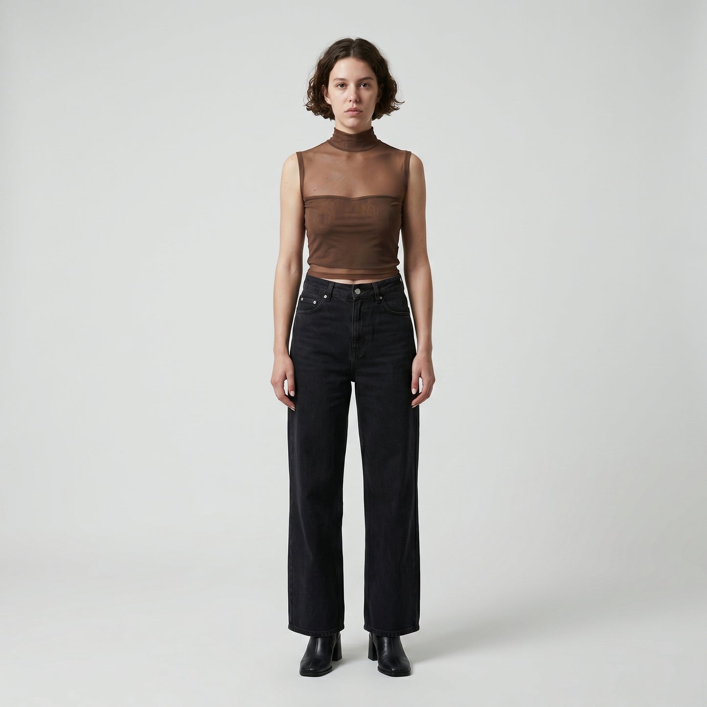 Sleeveless Sheer Mock Neck Top