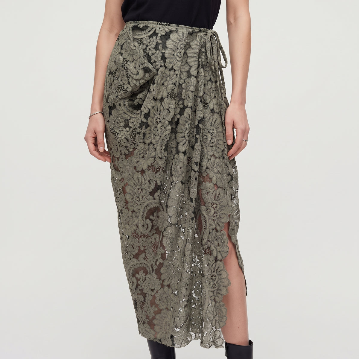Floral Lace Wrap Midi Skirt
