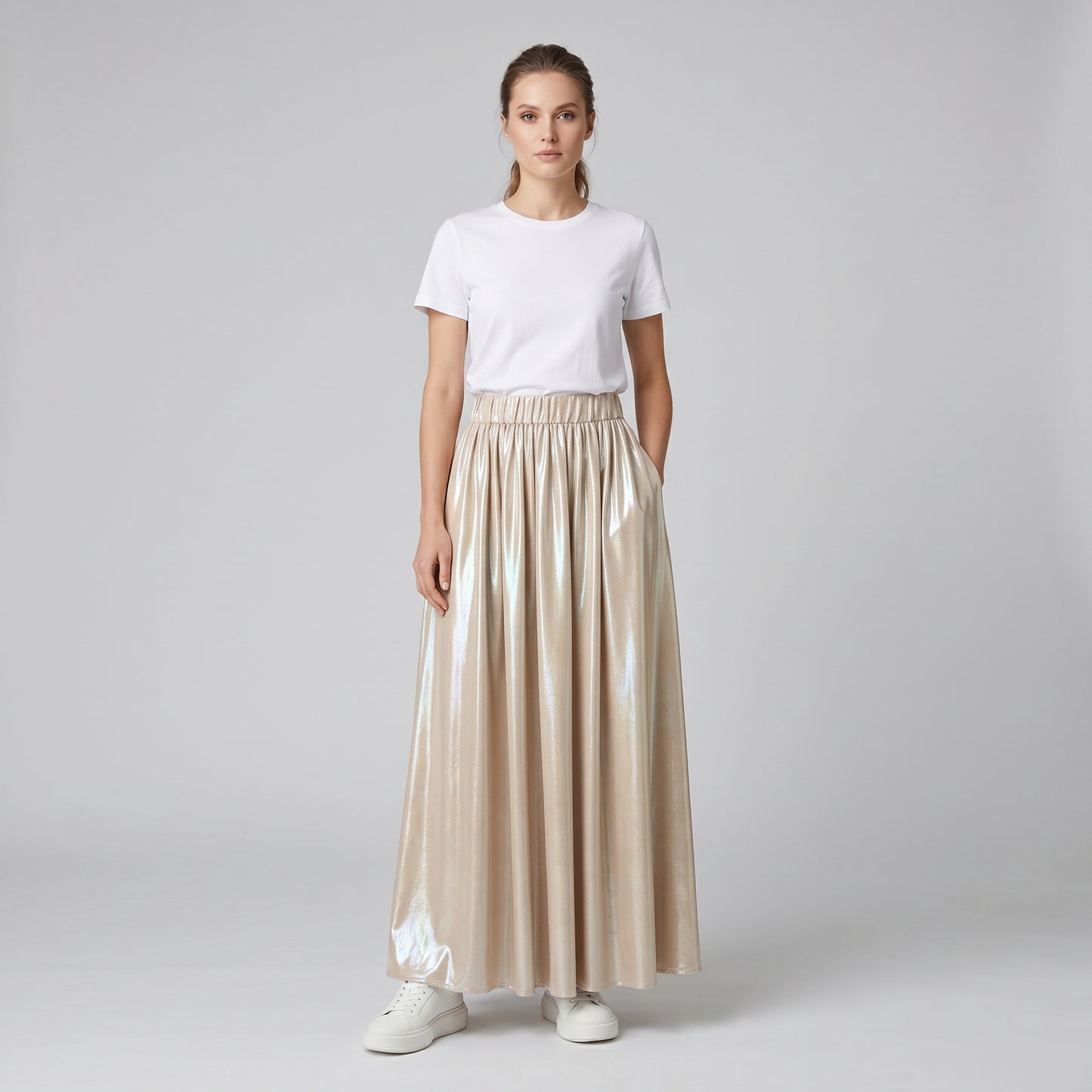 Metallic Pleated Midi Skirt