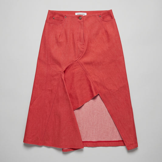 Asymmetric Red Denim Midi Skirt