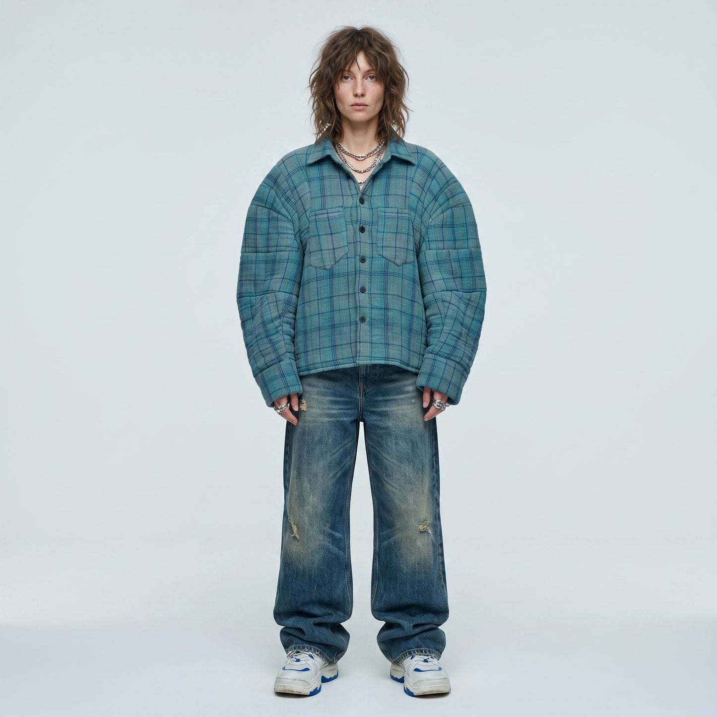 Quilted Plaid Button-Down Jacket