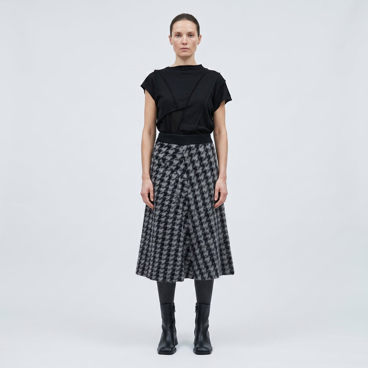 Houndstooth Wool Knit Midi Skirt