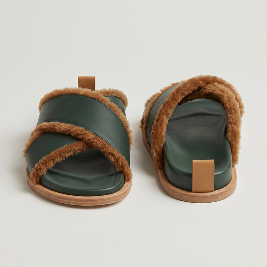 Shearling Trimmed Leather Slides