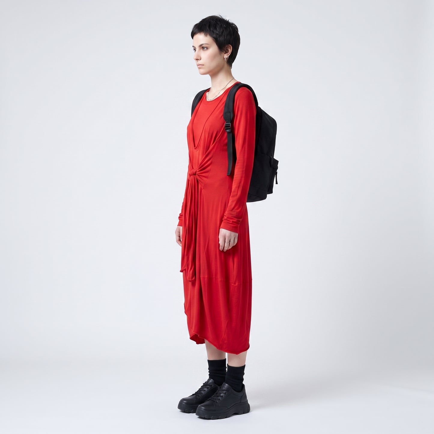 Red Tie-Front Long Sleeve Dress
