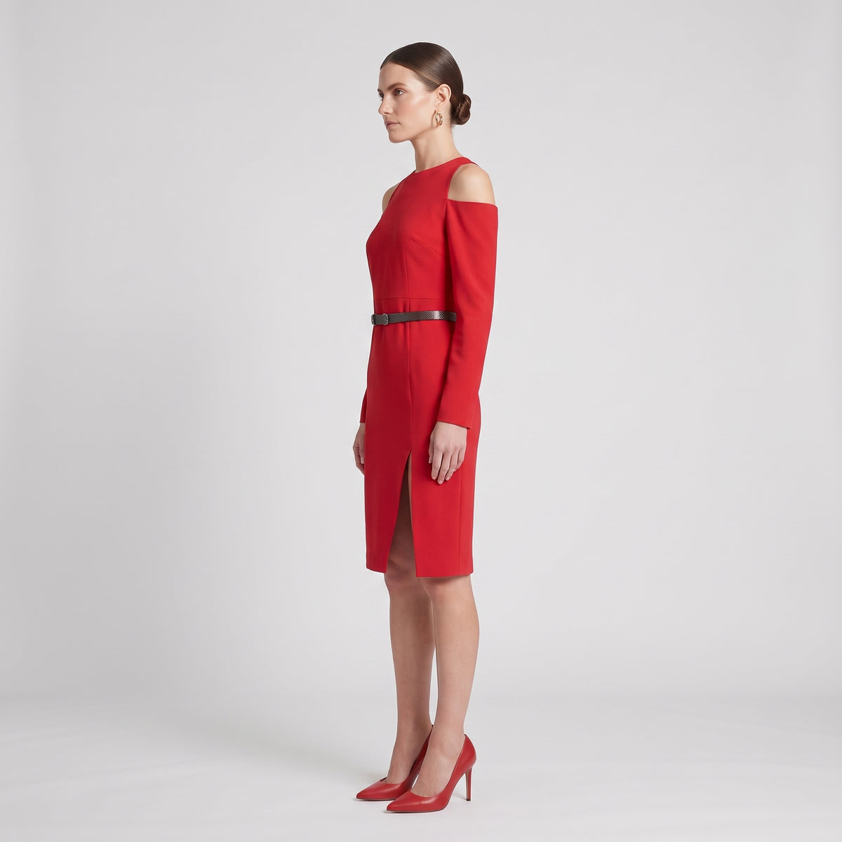 Cold Shoulder Belted Red Dress