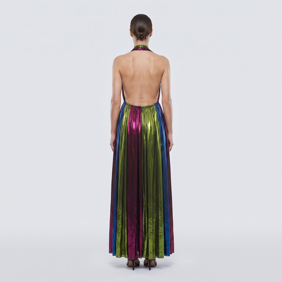 Metallic Plissé Halter Maxi Dress