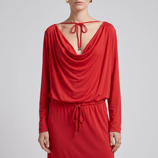 Cowl Neck Red Jersey Dress