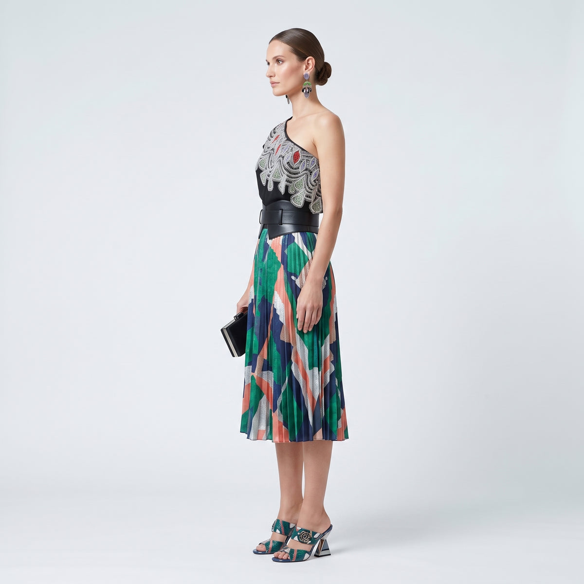 Embellished One-Shoulder Satin Top