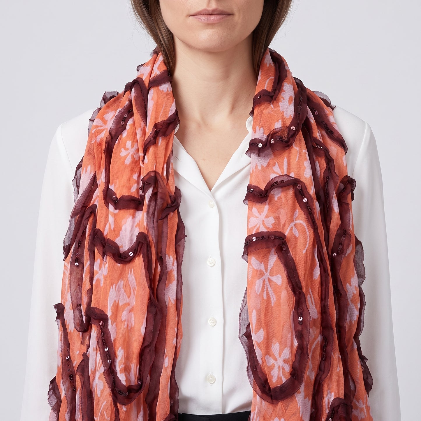 Floral Ruffle Detail Silk Scarf