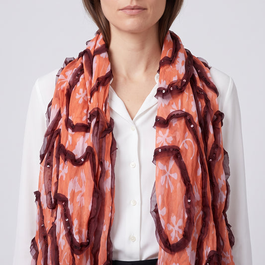 Floral Ruffle Detail Silk Scarf